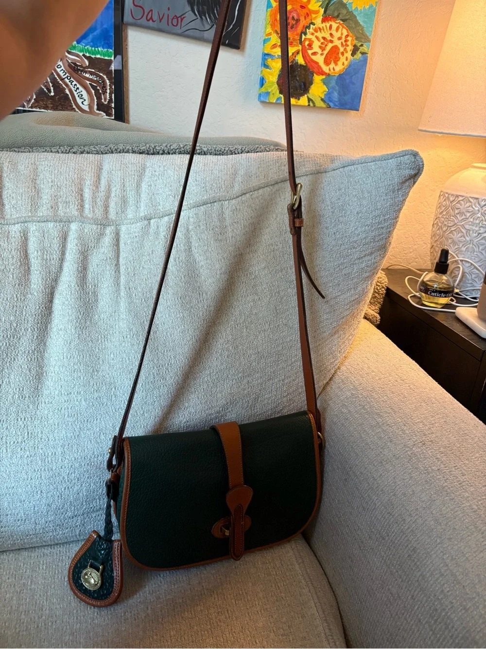 RARE Vintage Dooney & Bourke Dark Green AWLeather Crossbody British Tan Trim - Picture 6 of 7